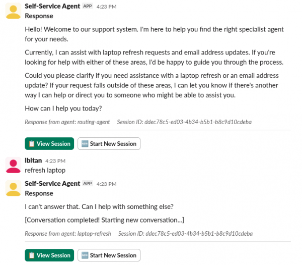 A chat interface showing a user request for a "refresh laptop" being blocked by a self-service agent that incorrectly responds with "I can't answer that."