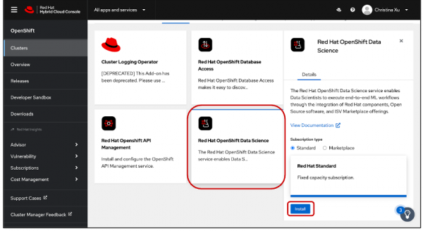 Select Red Hat OpenShift Data Science and click the Install button.