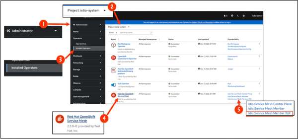 The ServiceMeshMemberRoll detail page within the OpenShift web console.
