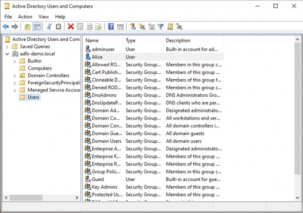 Screen shot showing the users in Active Directory