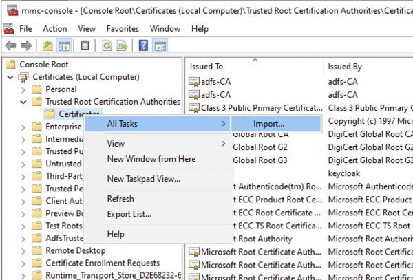 Screen shot showing the certificate import windows of of the MMC Certificate snap-in