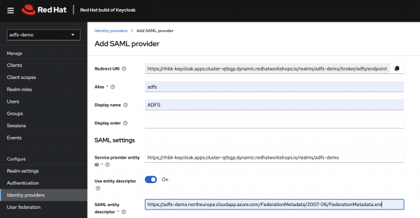 Screen shot showing the SAML provider configuration page in Red Hat build of Keycloak