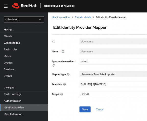 Screen shot showing the Identity Provide Mapper page in Red Hat build of Keycloak