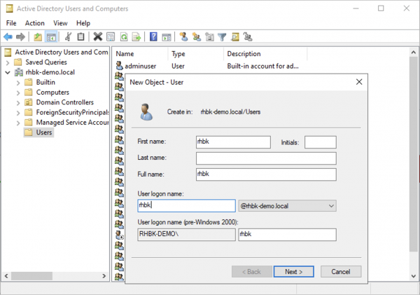Screen shot showing the New Object - User window in Active Directory