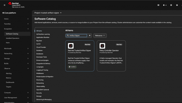 Red Hat Trusted Artifact Signer tile selected in the OpenShift Software Catalog search results screen.