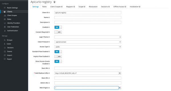 Create a client with an ID of "apicurio-registry" and other parameters specified in the preceding sample YAML code.