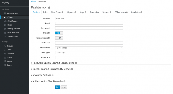 Create a client with an ID of "registry-api" and other parameters specified in the preceding sample YAML code.