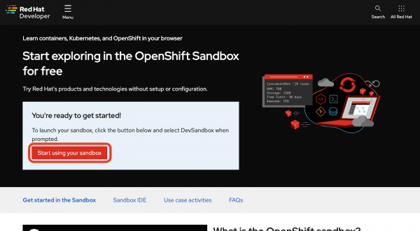 A screenshot of the OpenShift Sandbox start page.