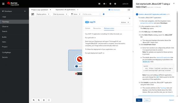 A panel shows instructions to build and deploy a JBoss EAP application on OpenShift using Helm charts.