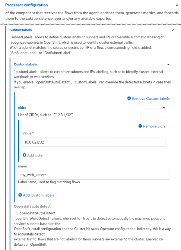 The Form view in the Web Console showing the Subnet labels configuration.