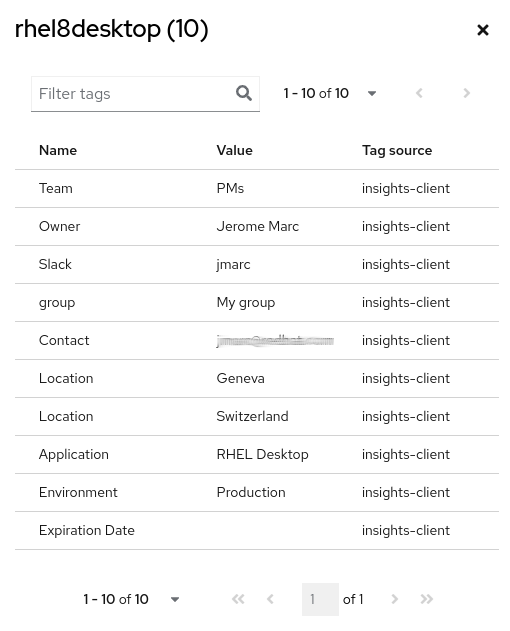 Example of system tags assigned to rhel8desktop system.