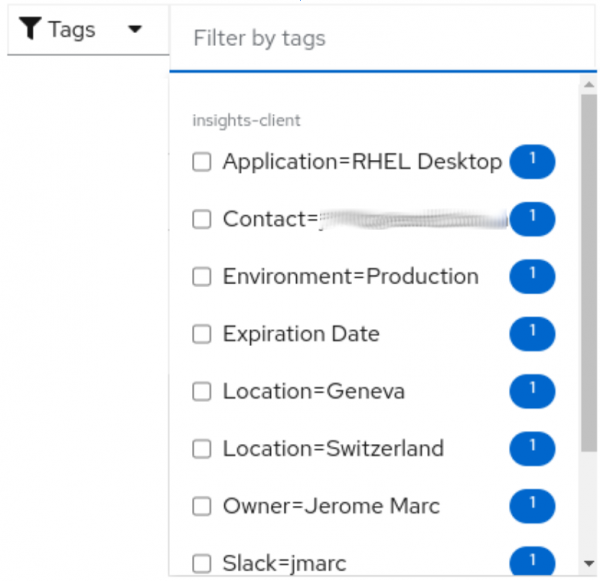 Example of all values presented for filter by tags.