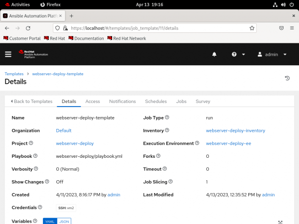 The templates details page in Ansible.