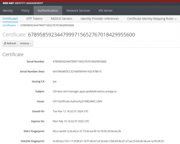 New TLS certificate in IdM generated by the cert-manager using a Certificate resource.