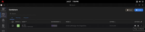 The Containers screen shows the go-dev container with the cursor hovered over the Stop Container icon (the square). 