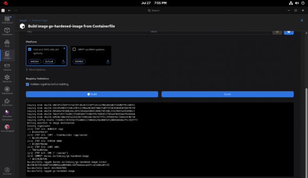 Podman Desktop Build Process screen.