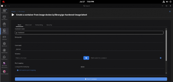 Podman Desktop Create Container screen (Basic tab) with the container name showing “go-hardened”.