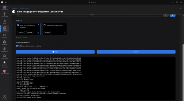 Podman Desktop Build process screen, where the user can confirm the image built successfully.