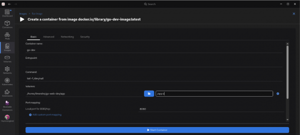 Podman Desktop Create Container screen (Basic tab) showing container options.