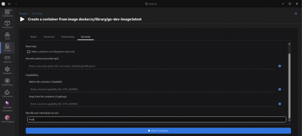 Podman Desktop Create Container screen (Security tab) with “host” entered into the “Specify user namespace to use:” field.