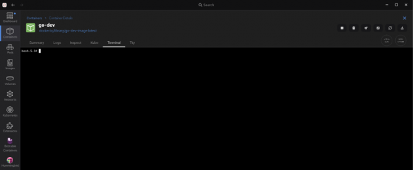 Podman Desktop Container Details screen (Terminal tab). 