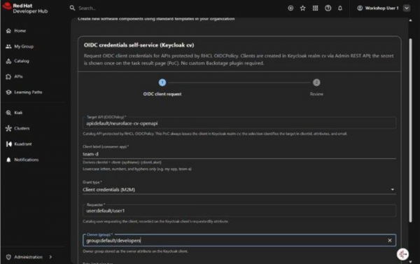 OIDC form with neuroface-cv-openapi target, client label team-d, and client_credentials grant type.