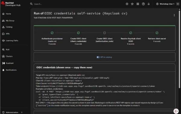 Scaffolder output with OIDC client ID, secret, Keycloak token URL, and client_credentials curl.