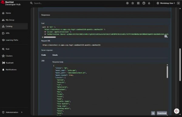 Swagger HTTP 200 JSON with status ok, model_name yolo-ppe, and model_loaded true after JWT auth.