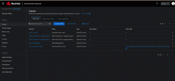 Keycloak Admin Console with Computer Vision realm selected and Clients open in the left menu; the revoked OpenID Connect client is no longer listed.