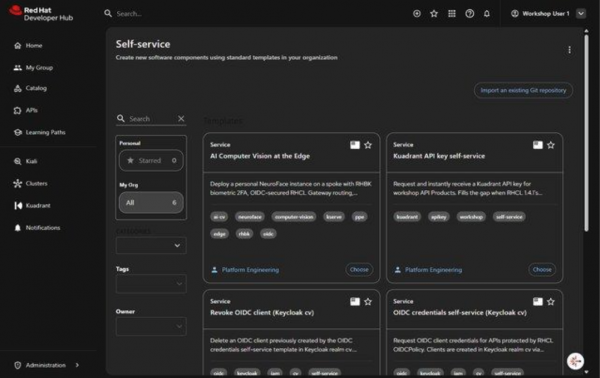 Developer Hub Self-service templates including Kuadrant API key, OIDC credentials, and Revoke OIDC client.