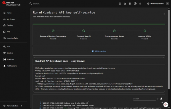 Scaffolder task output with API key UUID, curl to workshop-apis, and Authorino resync note.