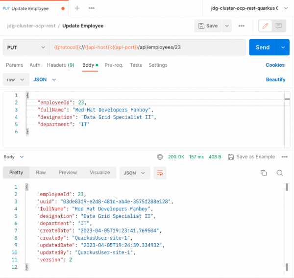 Update employee to version 2 using Quarkus service on site-1