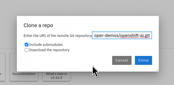 Dialog box for entering the URI of a GitHub repository to clone into the Jupyter Notebook within the OpenShift AI environment.