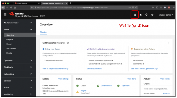Use the waffle icon to navigate to the Red Hat Hybrid Cloud Console from the ROSA console.
