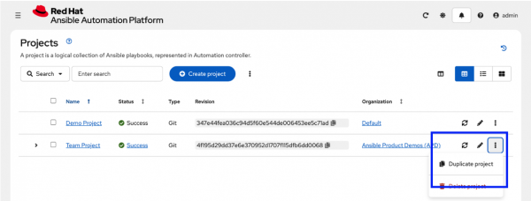 Project list page in Ansible Automation platform screen with the 'duplicate project' button highlighted.