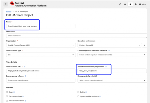 Edit project screen in Ansible Automation Platform showing Name and Source control branch fields highlighted.