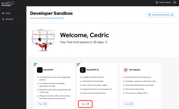 The Developer Sandbox homepage with the OpenShift AI “Try it” button indicated.