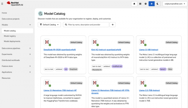 The OpenShift AI model catalog that shows the models available for your organization to register, deploy, and customize.