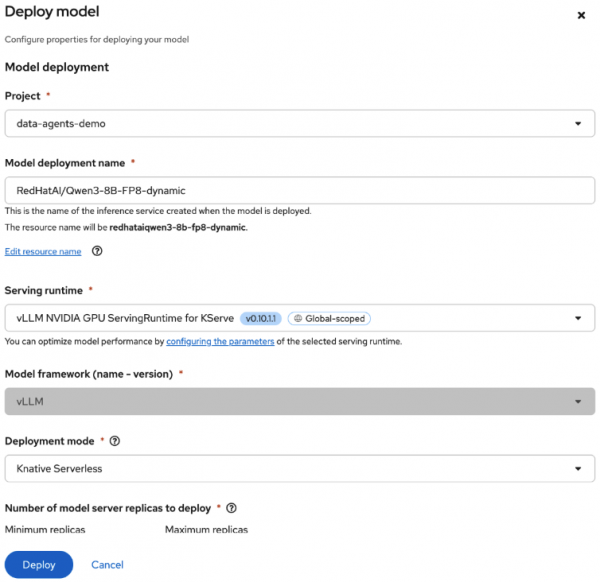 The deploy models screen, with fields for the model deployment, runtime, acceleration, and configuration.