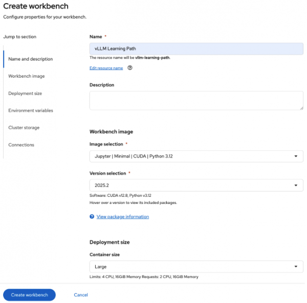 The fields to create a workbench, including the workbench name, image, and deployment size.