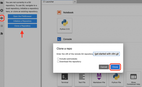 The Clone a Repository button is the third option on the left-hand sidebar.