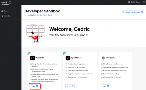 The Developer Sandbox homepage, with the OpenShift “Try it” option indicated.