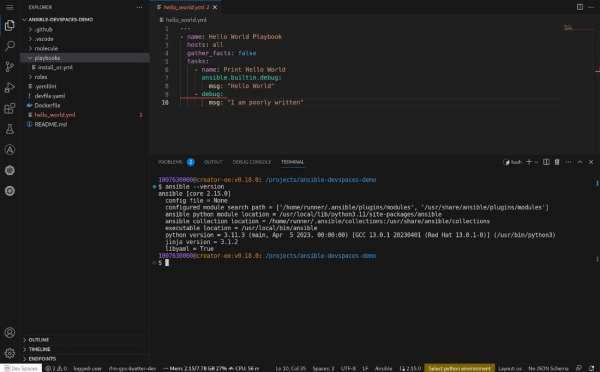 A screenshot of the Dev Spaces IDE, with an Ansible playbook open that shows text highlighting, and a terminal displaying the Ansible version command output
