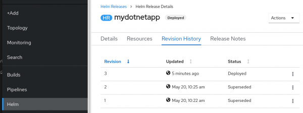 The application's Revision History tab shows three revisions, and shows which is currently deployed.