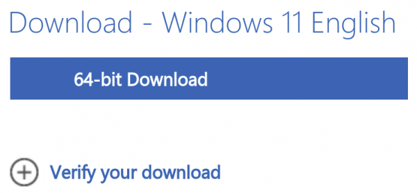 Shows the final Windows 11 download button with all options previously selected: Windows 11 64-bits English (United States).