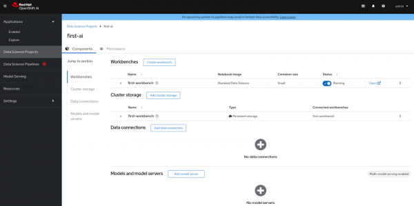 The review page displays both the workbench, cluster storage, Data Connections and Model Servers.