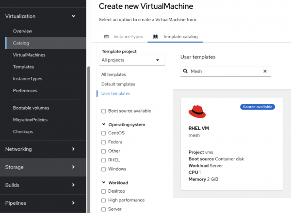 A screenshot of OpenShift console displaying the Template catalog tab within the Catalog sub-menu of Virtualization open and ‘Mesh’ being searched for to return the appropriate template.