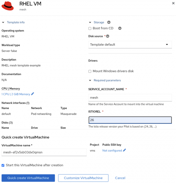 A screenshot of the VM creation screen within the OpenShift console showing the service_account_name and istiorel fields filled with the supplied information.