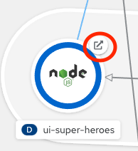 Open the Superheroes UI via the Open URL icon in OpenShift's Topology view.