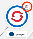 Open the Jaeger UI via the Open URL icon in OpenShift's Topology view.